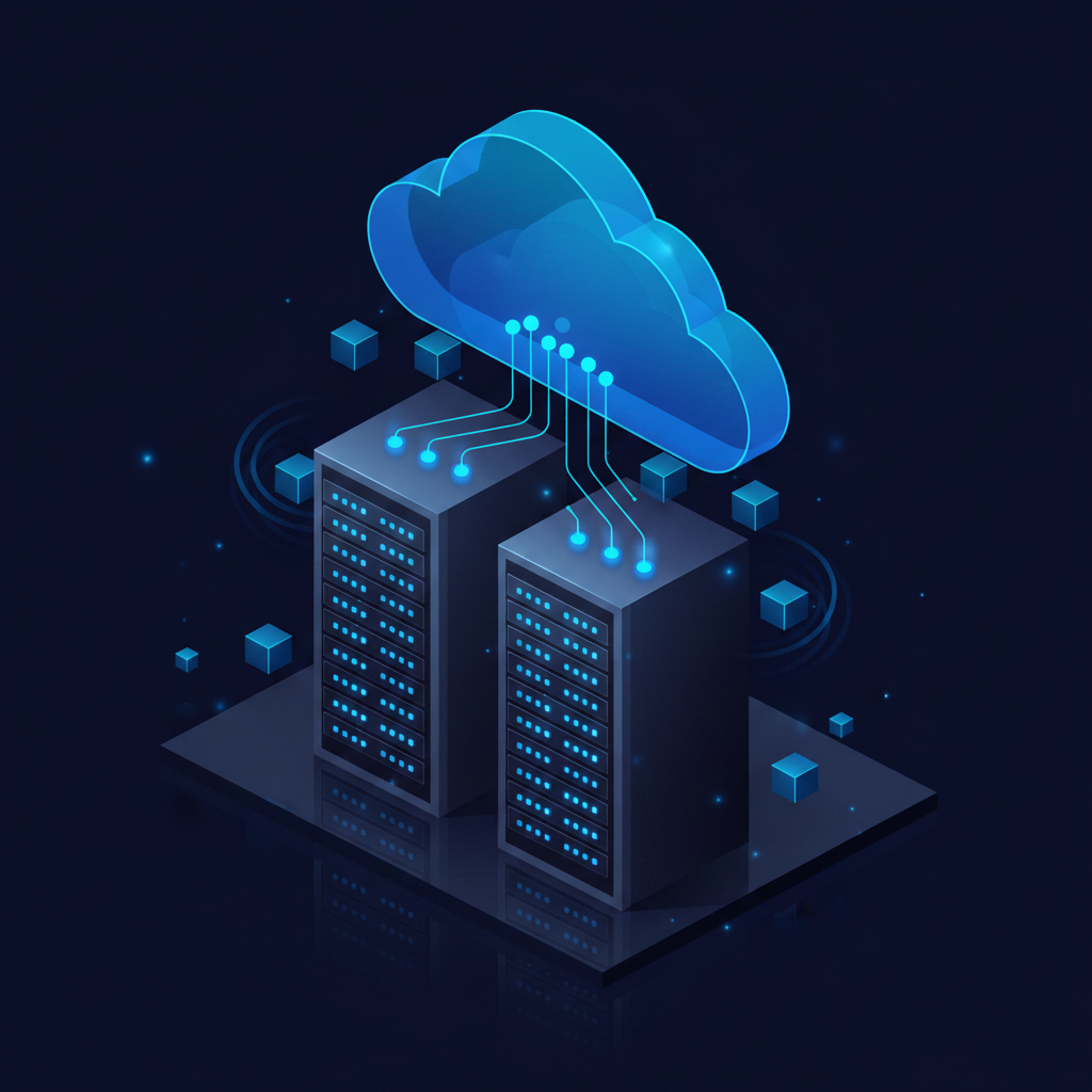 Ilustrasi server dan cloud infrastructure